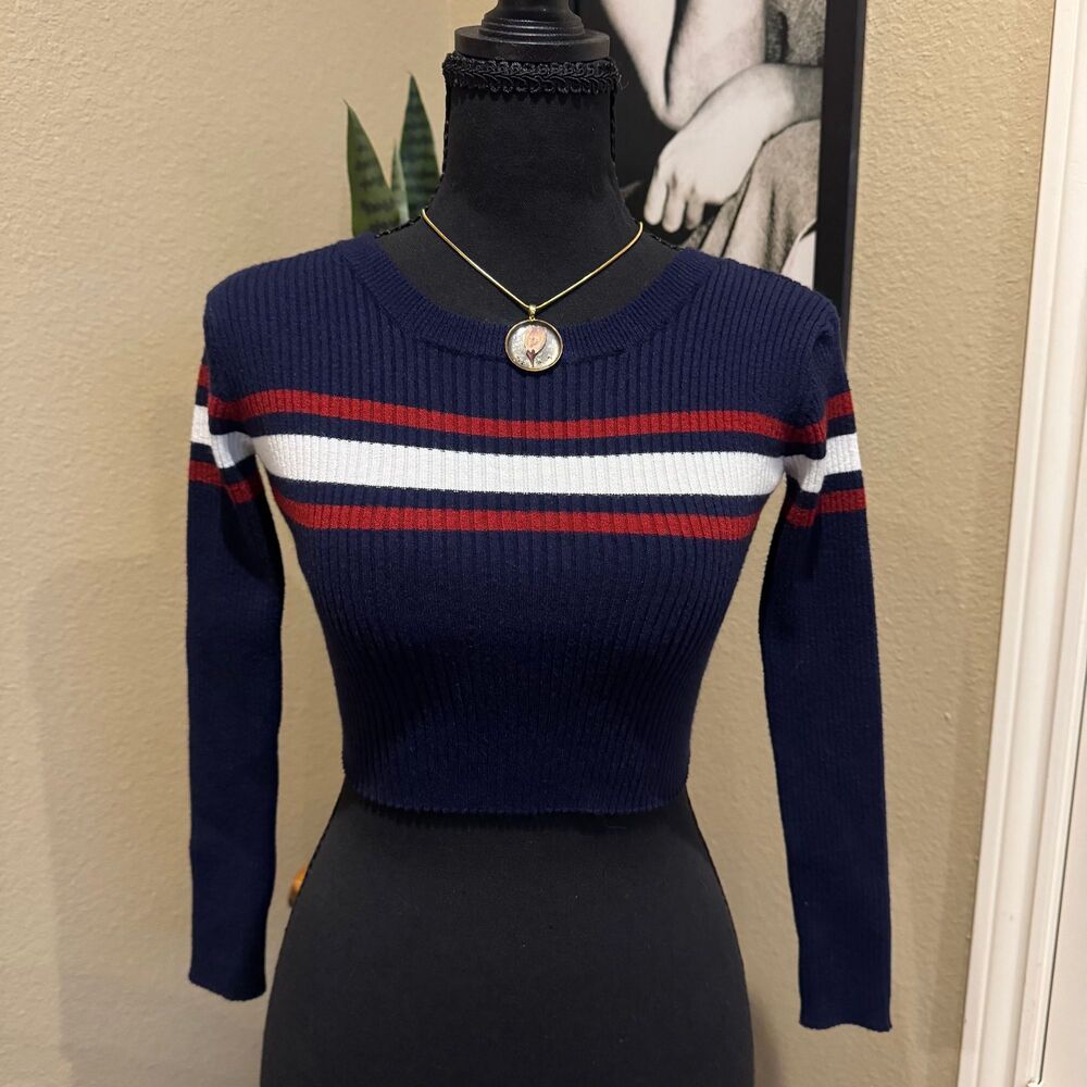 Striped Ribbed Knit Cropped Sweater